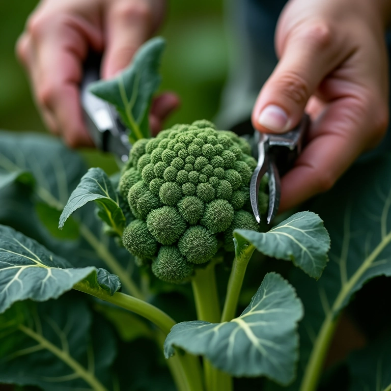 Mãos podando planta de brócolis.