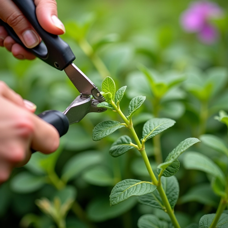 Mãos podando Singônio com tesoura.