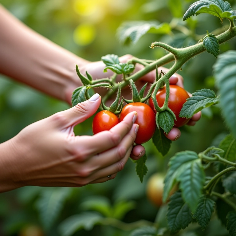 Mãos podando tomateiro, removendo brotos laterais, folhas verdes.