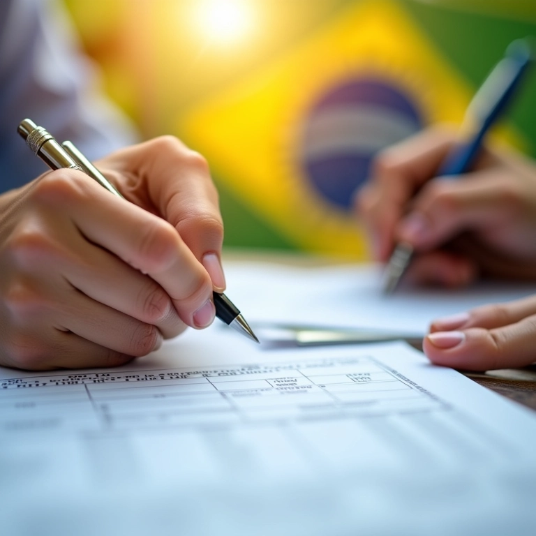 Mãos preenchendo formulário de inscrição MEI, bandeira do Brasil ao fundo.