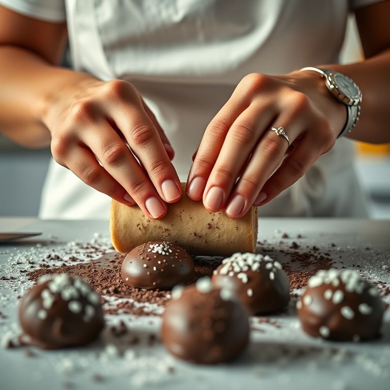 Mãos preparando brigadeiro gourmet com granulado de chocolate.