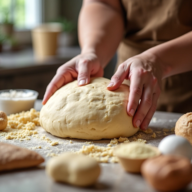 Mãos preparando massa com ingredientes variados.