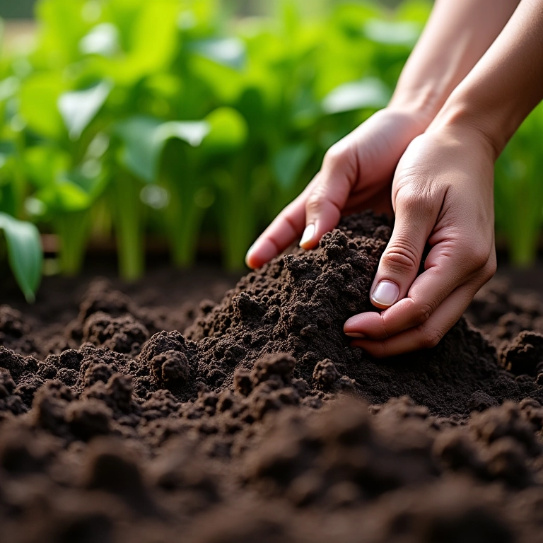 Mãos preparando o solo com composto e fertilizante para o plantio de tomates.