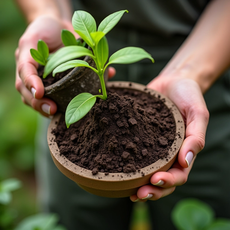 Mãos preparando o substrato adequado para vasos de cimento.
