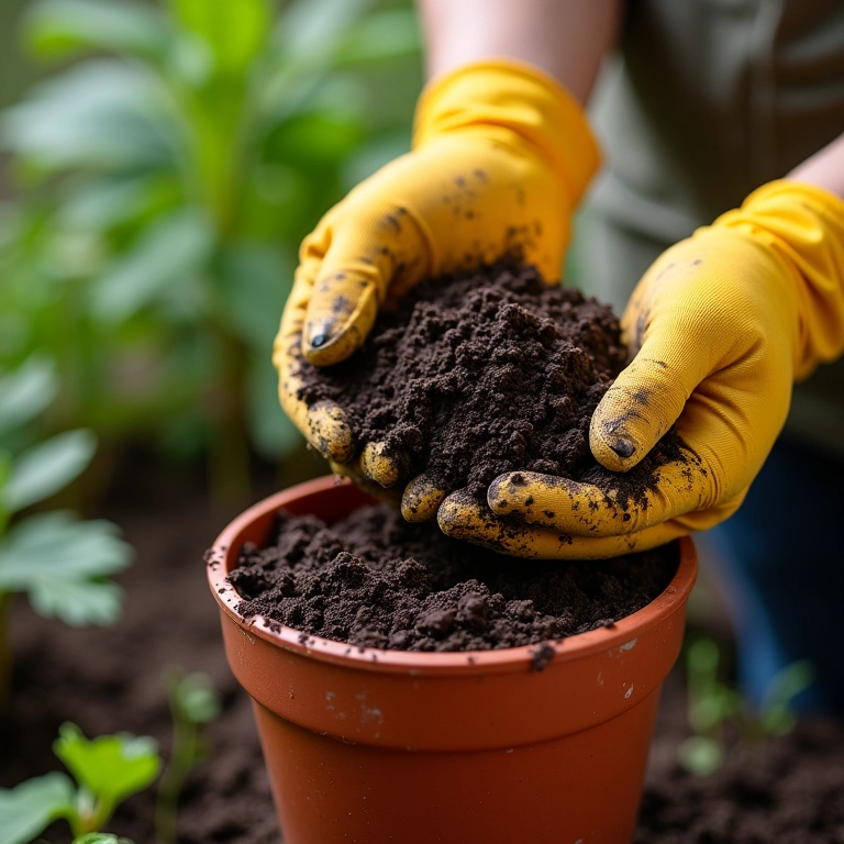 Mãos preparando o substrato ideal para plantar açafrão.