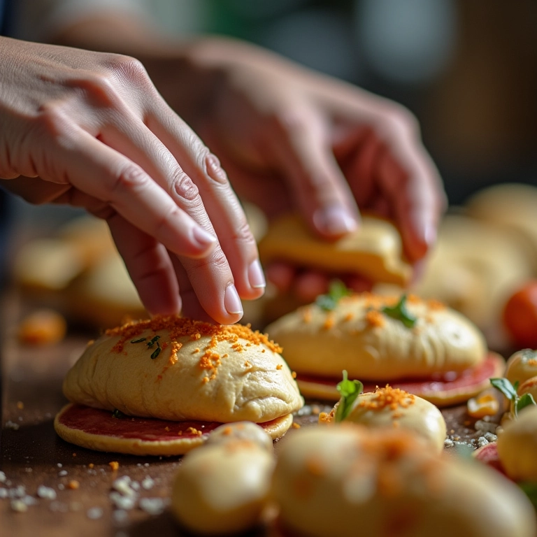 Mãos preparando pães recheados com diversos recheios.