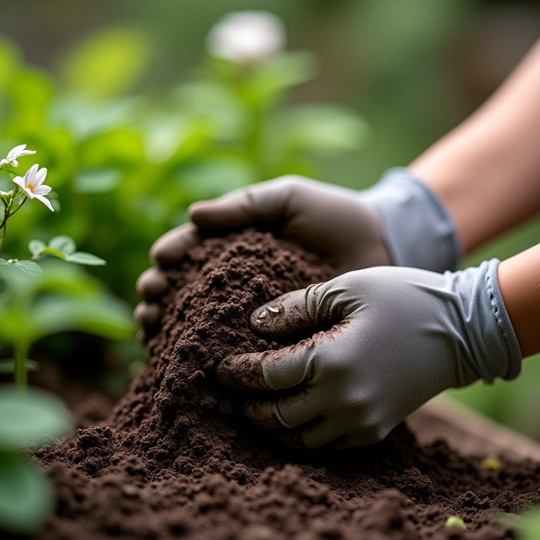 Mãos preparando substrato para Singônio.