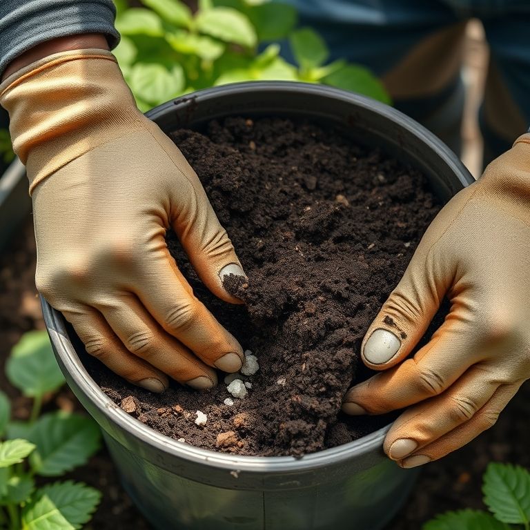 Mãos preparando substrato perfeito para o plantio de almeirão em vaso.