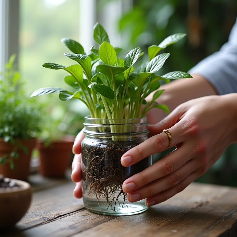 Mãos propagando mudas de Singônio por estacas.
