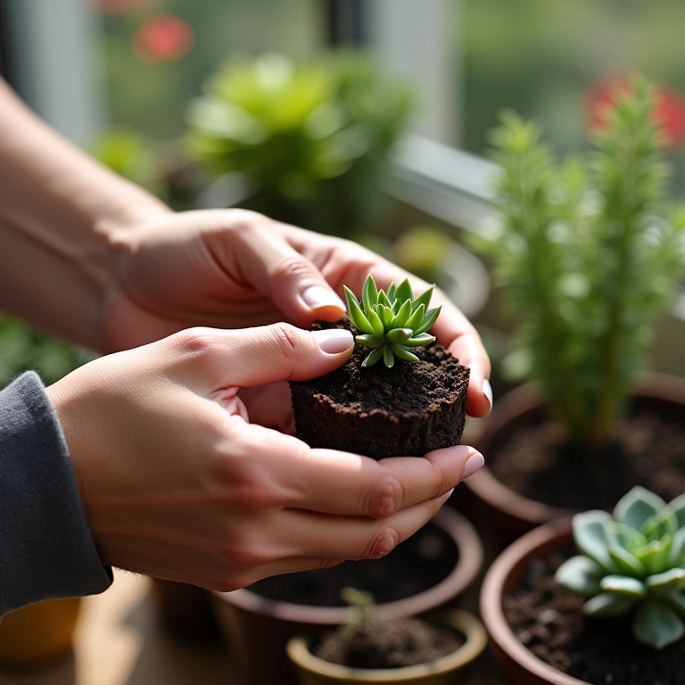 Mãos propagando suculentas com ferramentas de jardinagem.