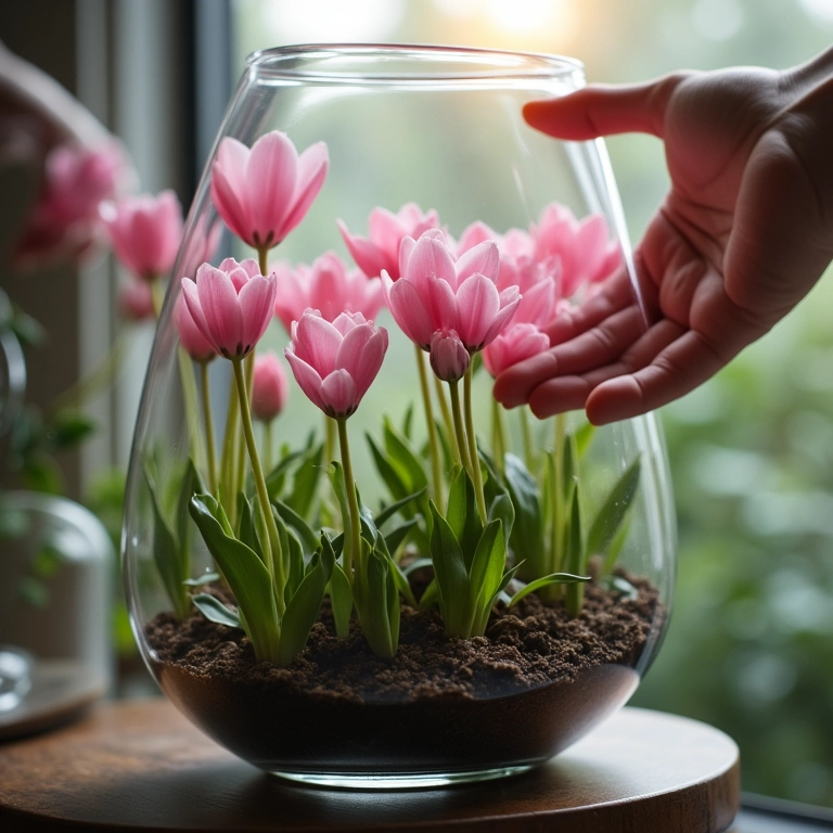 Mãos regando delicadamente ciclames em um jardim de inverno envidraçado.