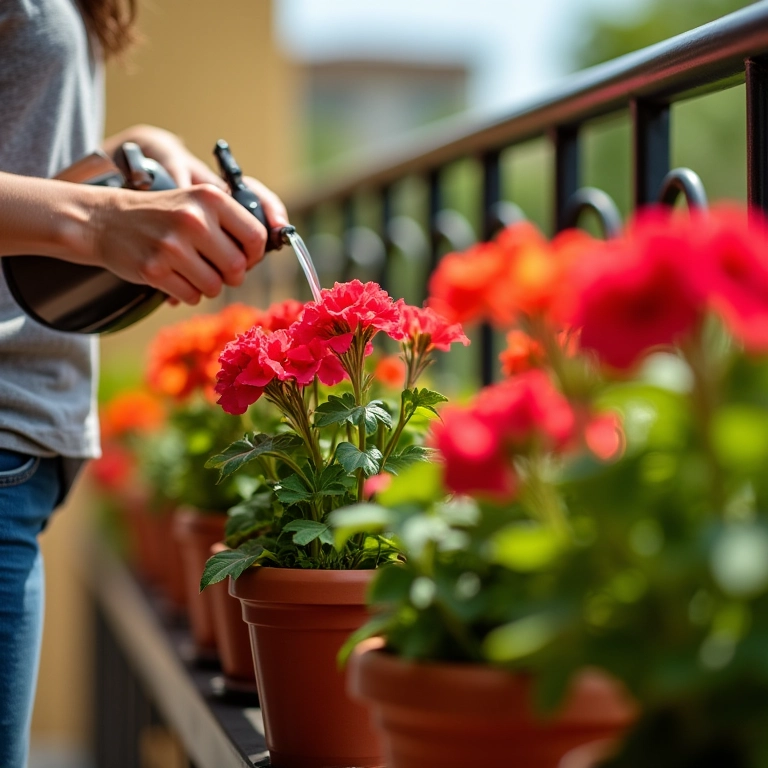 Mãos regando gerânios coloridos em vasos de barro numa varanda.