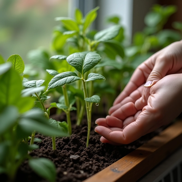 Mãos regando plantas em horta urbana.
