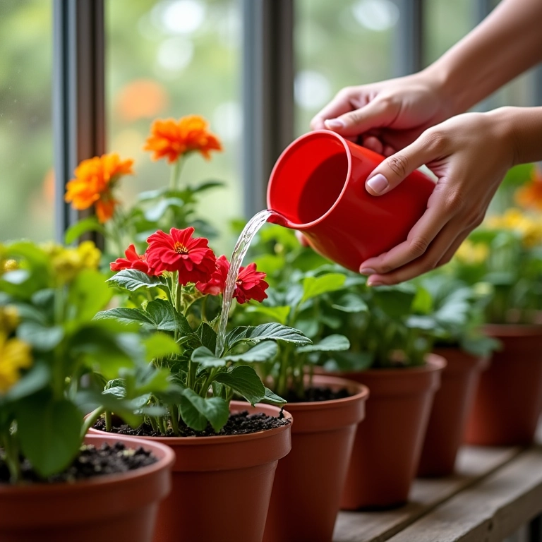 Mãos regando suavemente gerânios em vasos numa varanda.