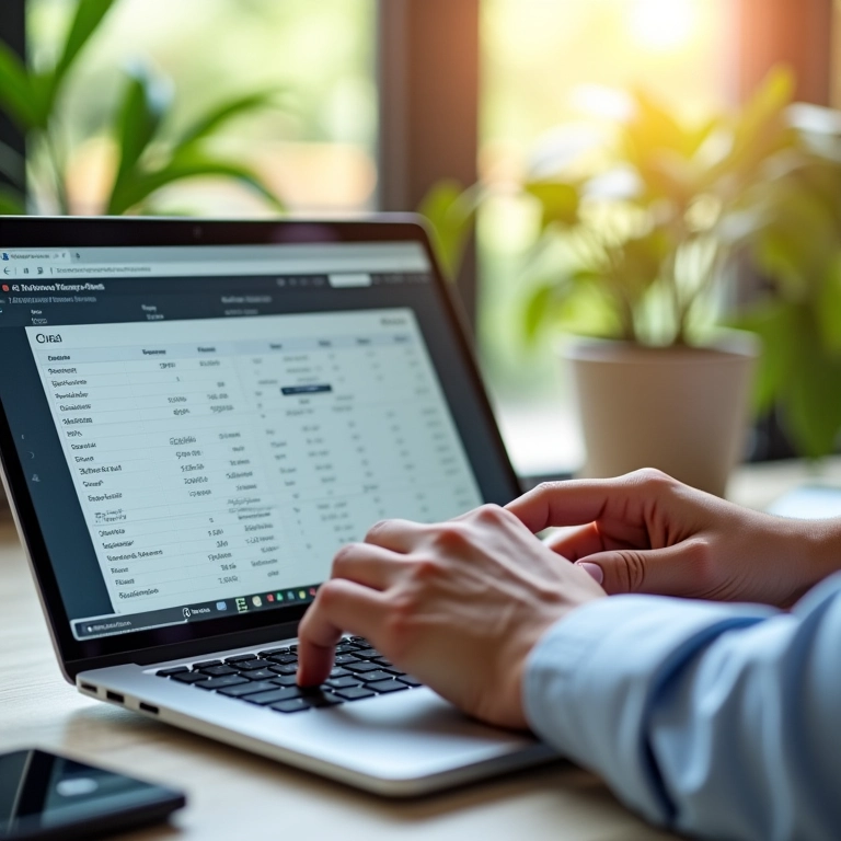 Mãos registrando entradas e saídas no fluxo de caixa em planilha no laptop.