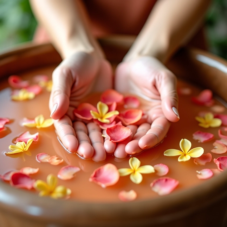 Mãos relaxando em um banho morno com pétalas de flores.