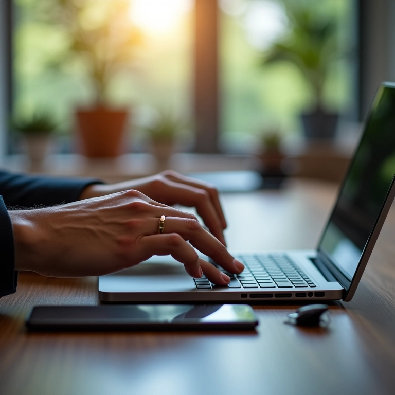 Mãos respondendo a avaliações positivas e negativas em um laptop.
