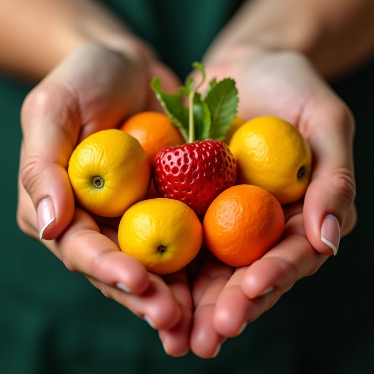 Mãos segurando alimentos coloridos e saudáveis, como frutas brasileiras.