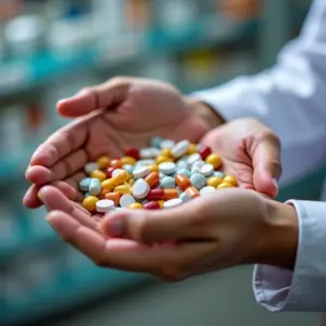 Mãos segurando antibióticos, representando o combate às infecções bacterianas.