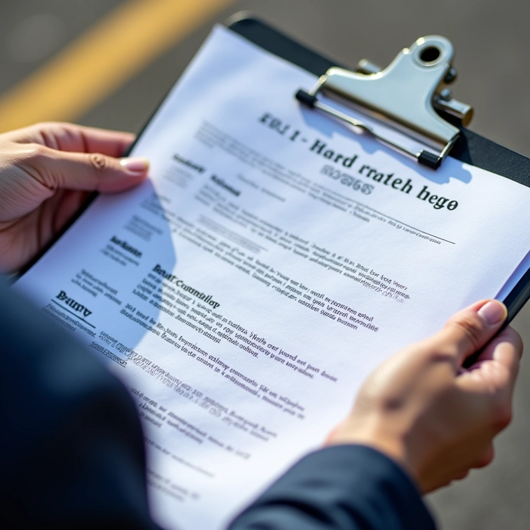 Mãos segurando documentos do carro e uma prancheta.