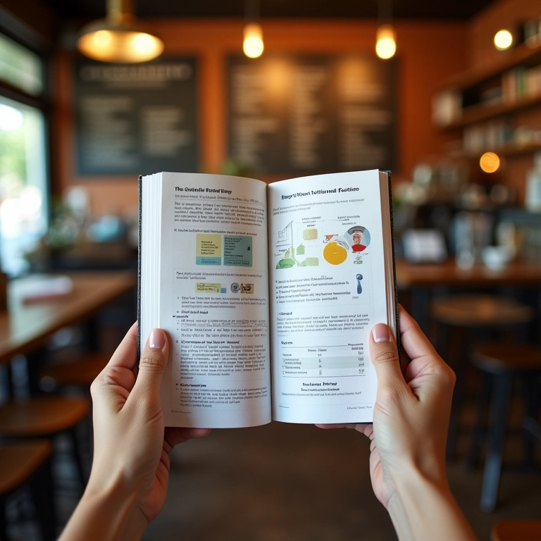 Mãos segurando livro de estatística em cafeteria brasileira vibrante.