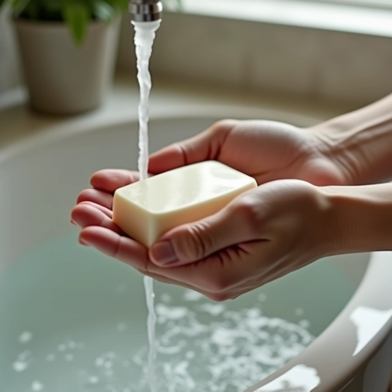Mãos segurando sabonete sólido com água corrente.