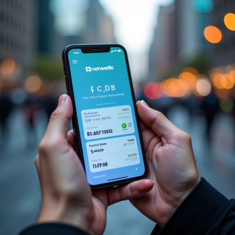 Mãos segurando smartphone mostrando app de investimento em CDB com crescimento.