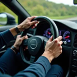 Mãos segurando um volante esportivo em carro, demonstrando controle e experiência de direção.