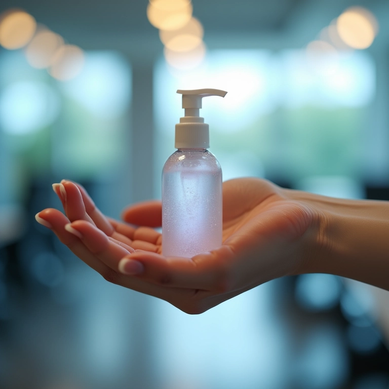 Mãos sendo higienizadas com álcool em gel em ambiente de escritório.