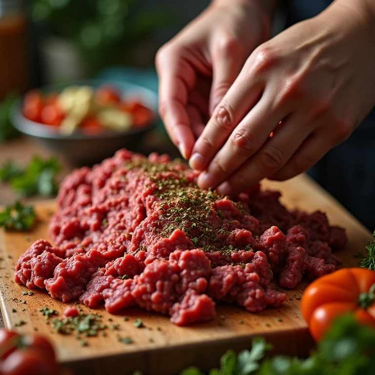 Mãos temperando carne moída com especiarias.