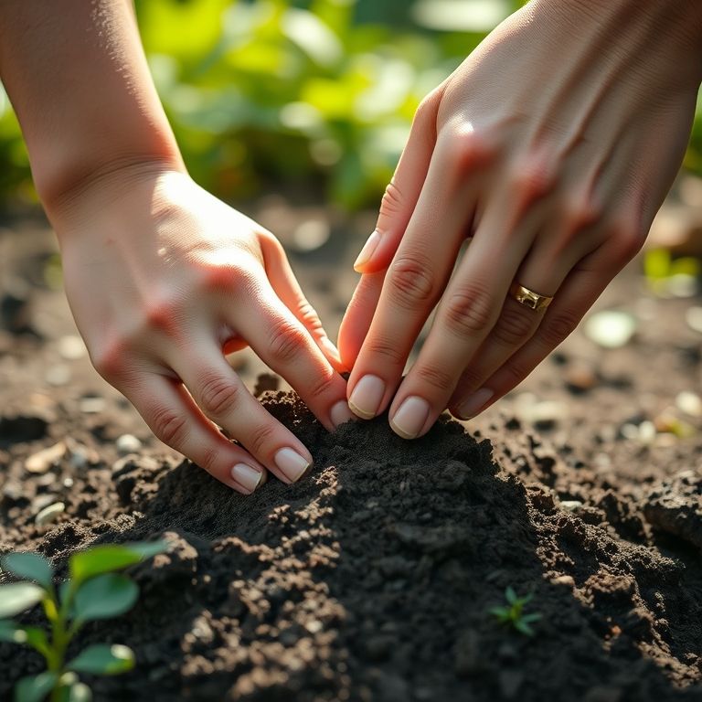 Mãos tocando o solo, sentindo a terra e se conectando com a natureza e os ciclos da vida.