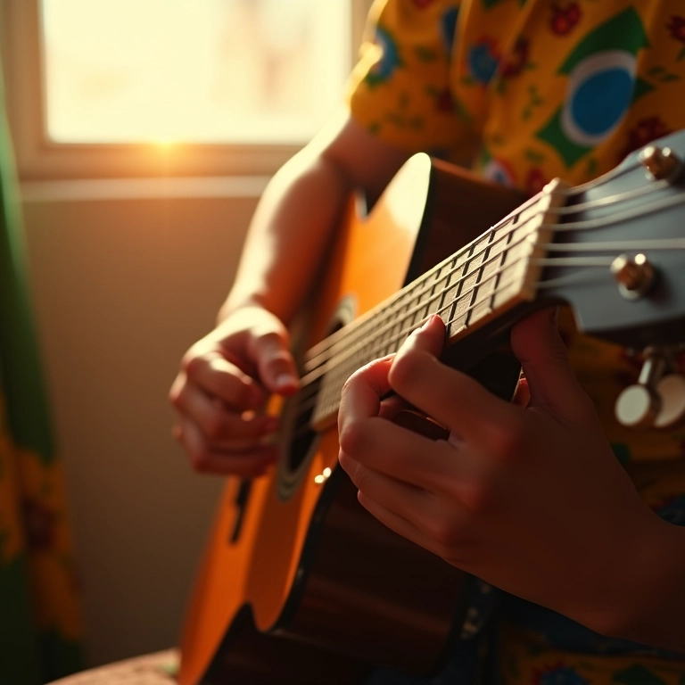 Mãos tocando um violão, representando o reconhecimento de habilidades e talentos no processo de autoconhecimento.