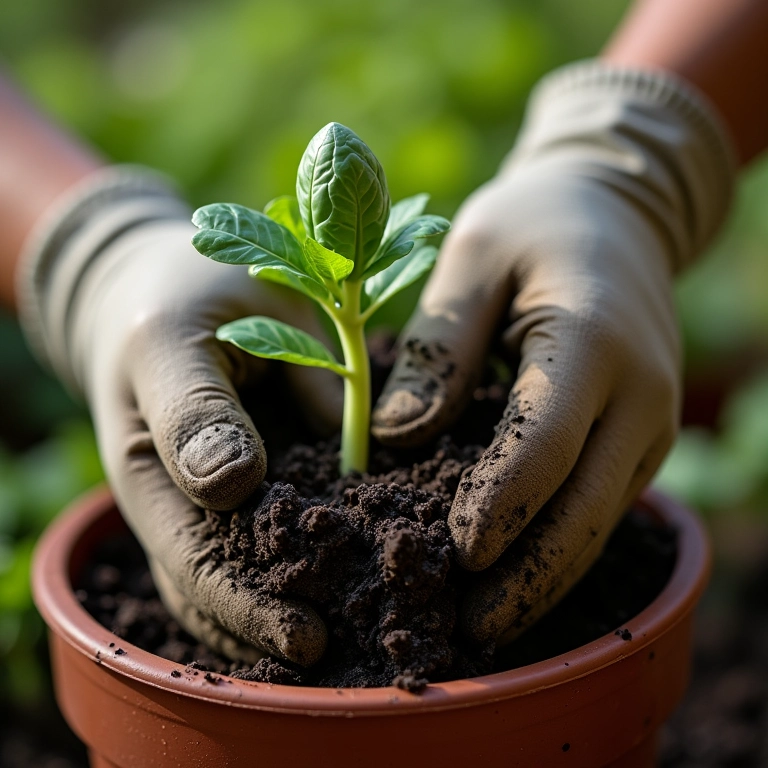 Mãos transplantando muda de couve de Bruxelas para um vaso.