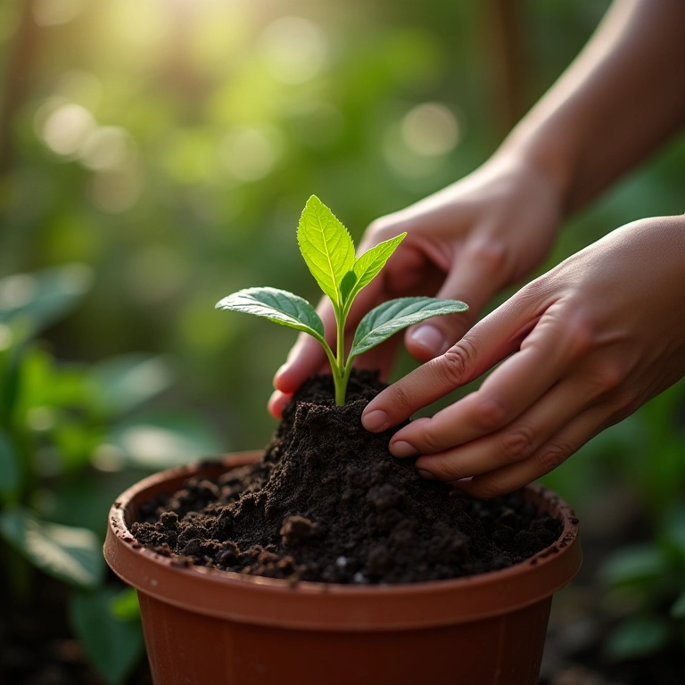 Mãos transplantando muda para um vaso, com cuidado e precisão.