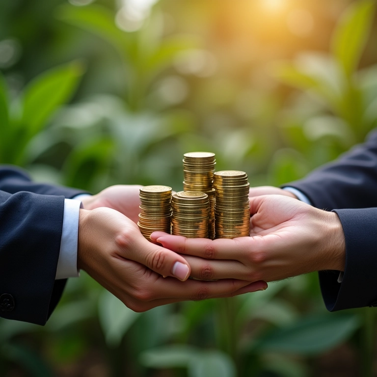 Mãos trocando moedas sobre contrato, representando o capital social.