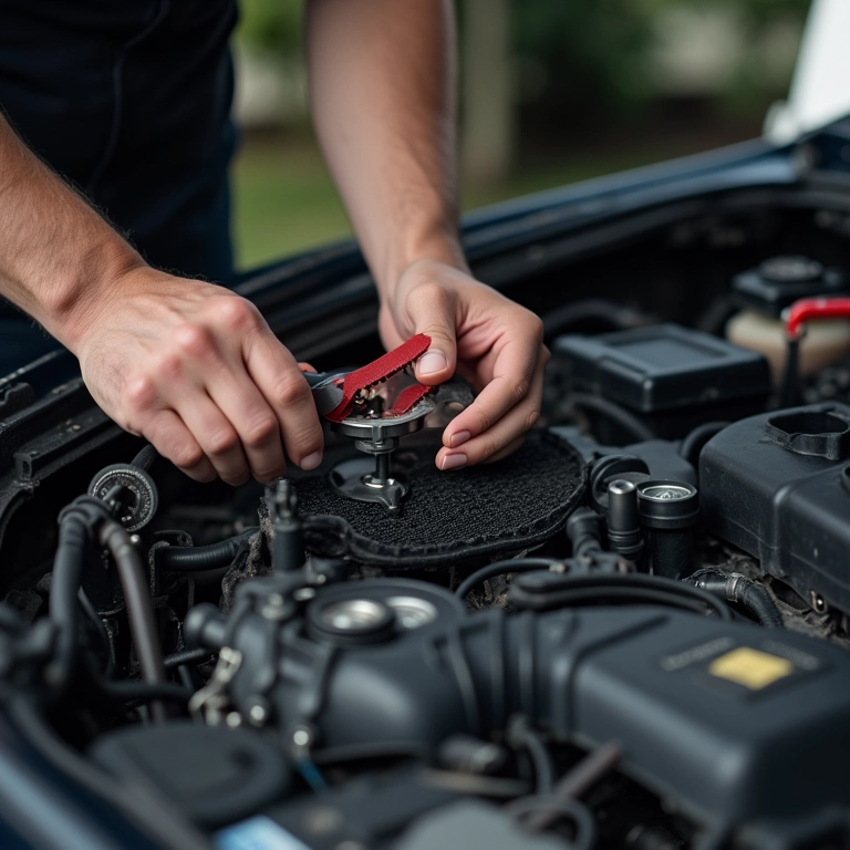 Mãos trocando o cebolão do radiador em um carro.