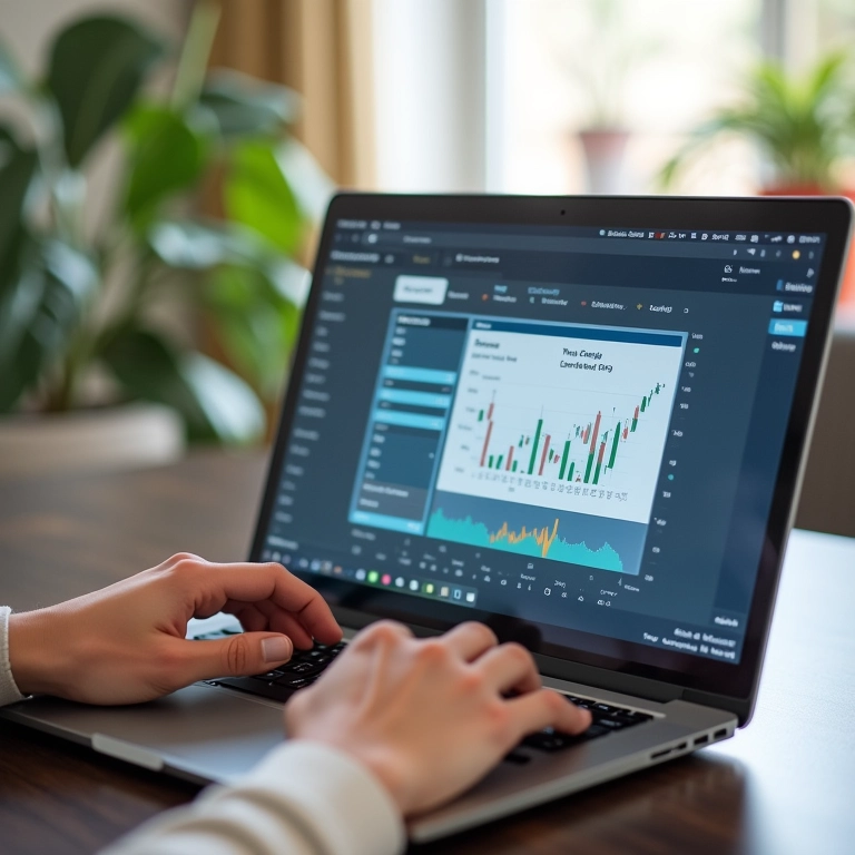 Mãos usando um laptop com plataforma de home broker na tela.