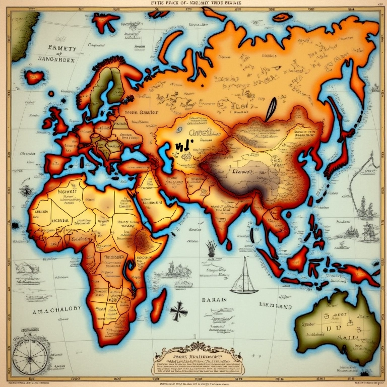 Mapa antigo das rotas comerciais entre Europa e Ásia no século XVI.