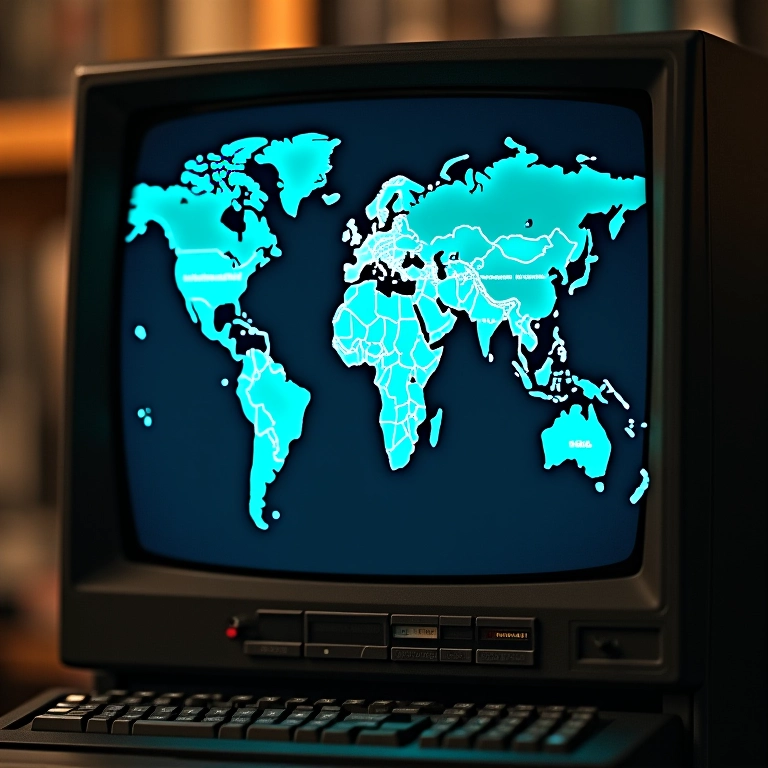 Mapa da ARPANET sobreposto a um computador antigo, mostrando os nós iniciais da rede.