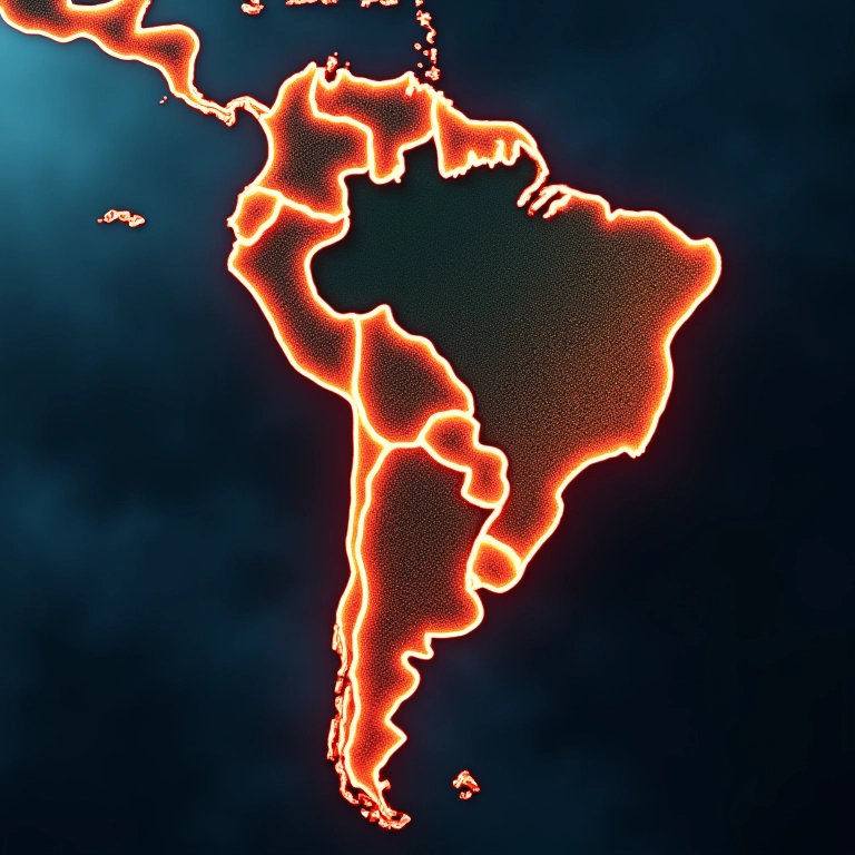 Mapa do Brasil com linhas brilhantes indicando expansão para novos mercados na América do Sul.