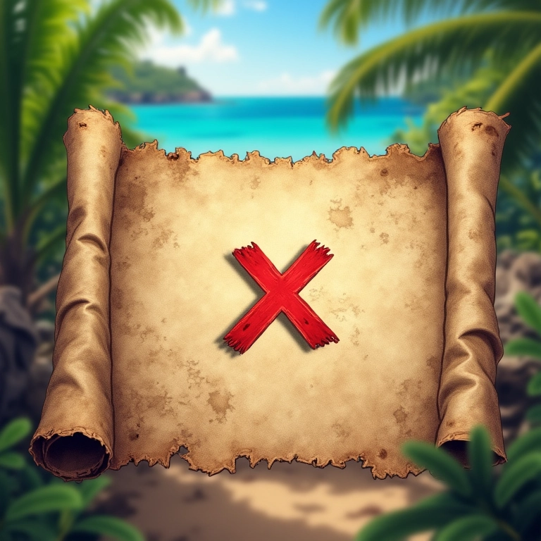 Mapa do tesouro com um 'X' vermelho marcando o local, fundo de ilha tropical.