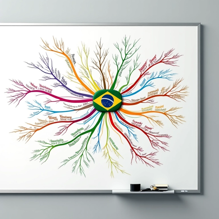 Mapa mental vibrante conectando diversas ideias com linhas coloridas.