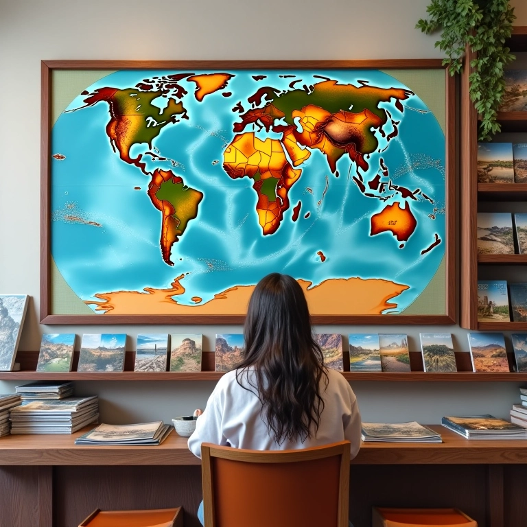 Mapas e fotos de destinos exóticos em agência de viagens.