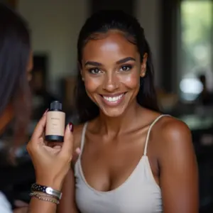 Maquiadora profissional sorrindo aplicando base em estúdio iluminado, mostrando ferramentas de maquiagem e formalização MEI.
