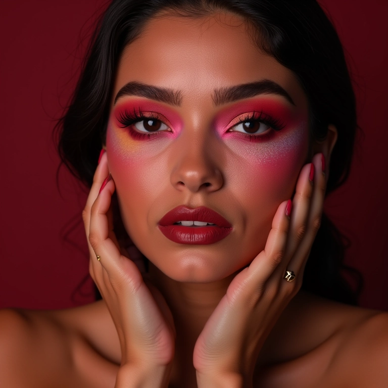 Maquiadora usando paleta Ruby Rose Feels Mood, criando maquiagem vibrante para os olhos.