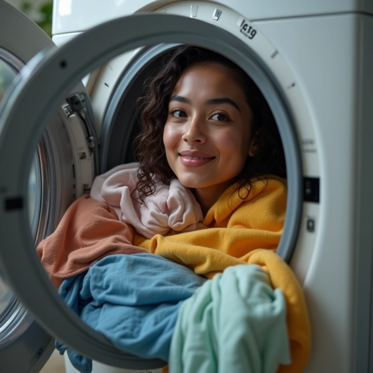 Máquina de lavar roupa cheia de roupas, mulher sorrindo.