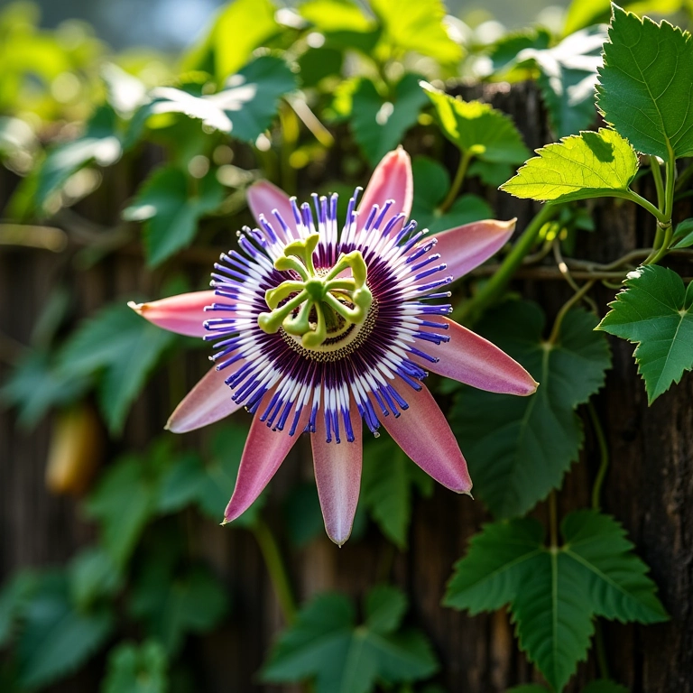 Maracujá florescendo em uma cerca, com flores intrincadas e cores vibrantes.