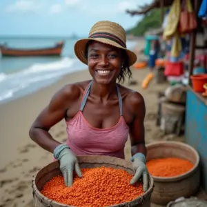 Marisqueiro sorrindo na praia, trabalhando com coleta de frutos do mar, em um dia ensolarado.