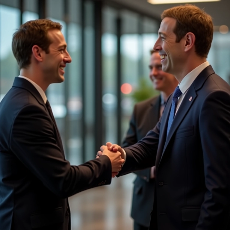 Mark Zuckerberg cumprimentando fundadores do Instagram após aquisição.