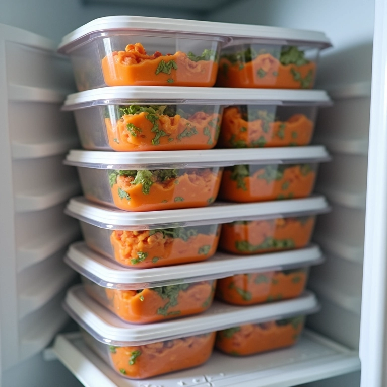 Marmitas congeladas empilhadas em um freezer, organização e praticidade.